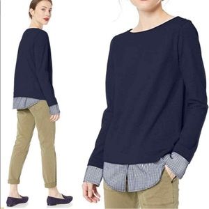 J Crew Mercantile Layered Long Sleeve Boatneck Tee Gingham Hem and Cuff
